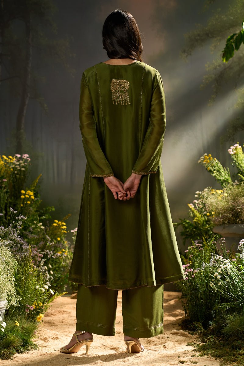 Dhiyona GF mehandi green silk festive kurta set