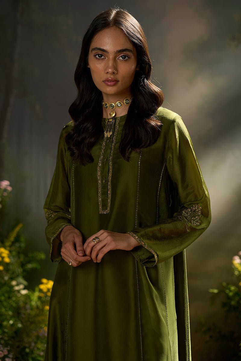Dhiyona GF mehandi green silk festive kurta set