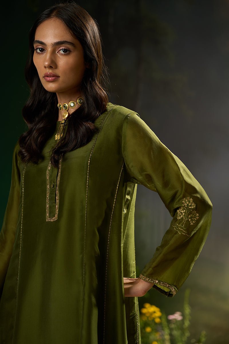 Dhiyona GF mehandi green silk festive kurta set