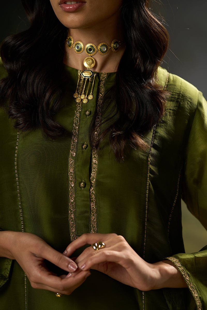 Dhiyona GF mehandi green silk festive kurta set