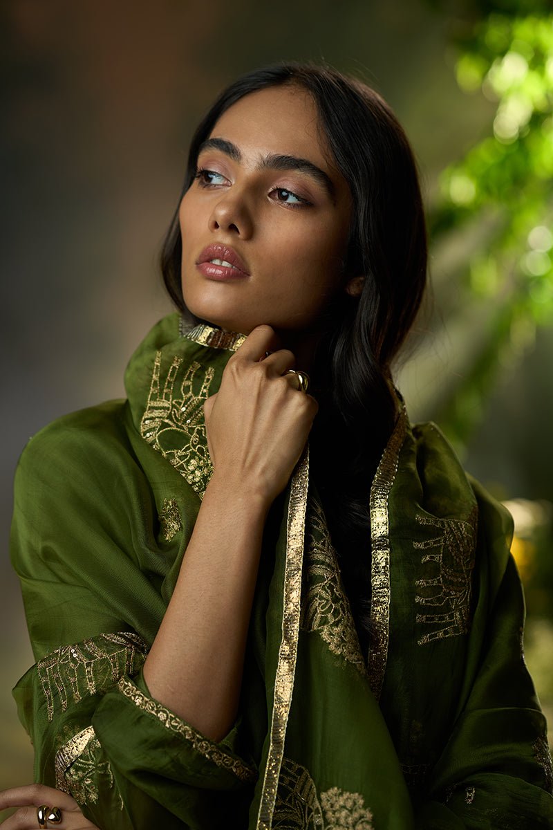 Dhiyona GF mehandi green silk festive kurta set