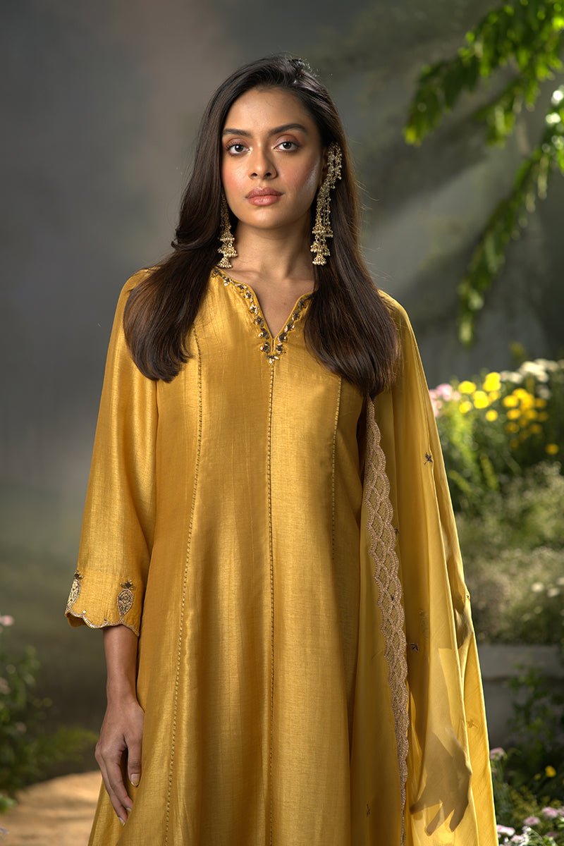 Dhiyona GF honey gold raw silk festive anarkali kurta set