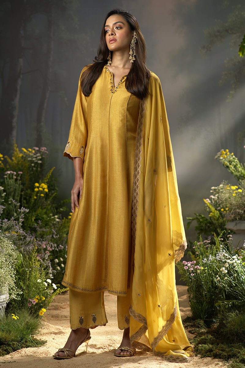 Dhiyona GF honey gold raw silk festive anarkali kurta set