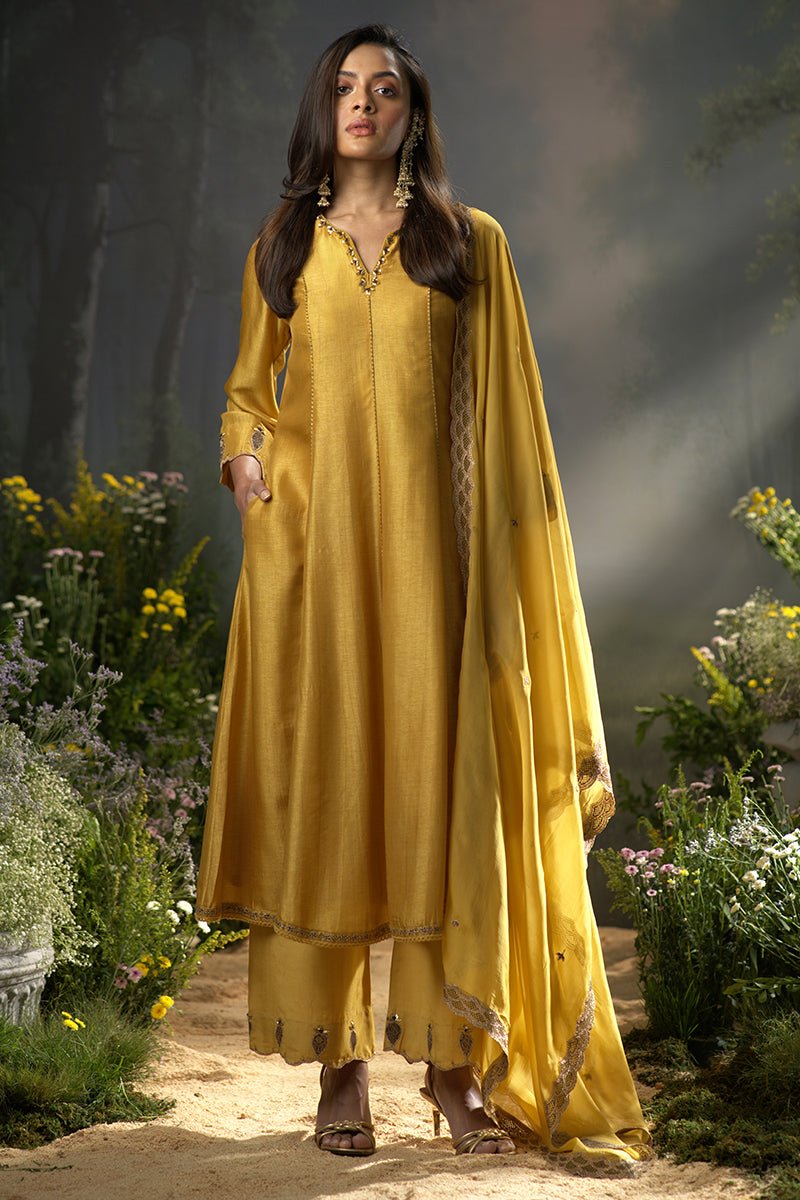 Dhiyona GF honey gold raw silk festive anarkali kurta set