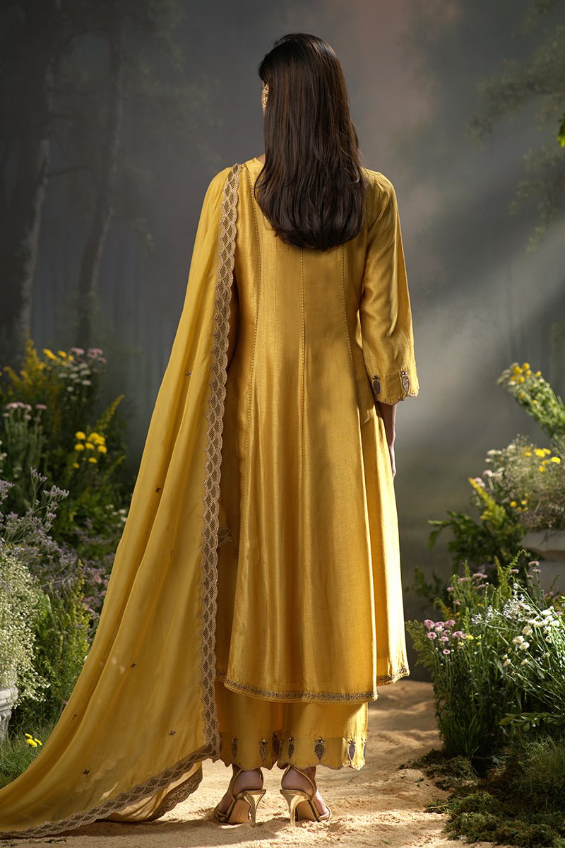 Dhiyona GF honey gold raw silk festive anarkali kurta set