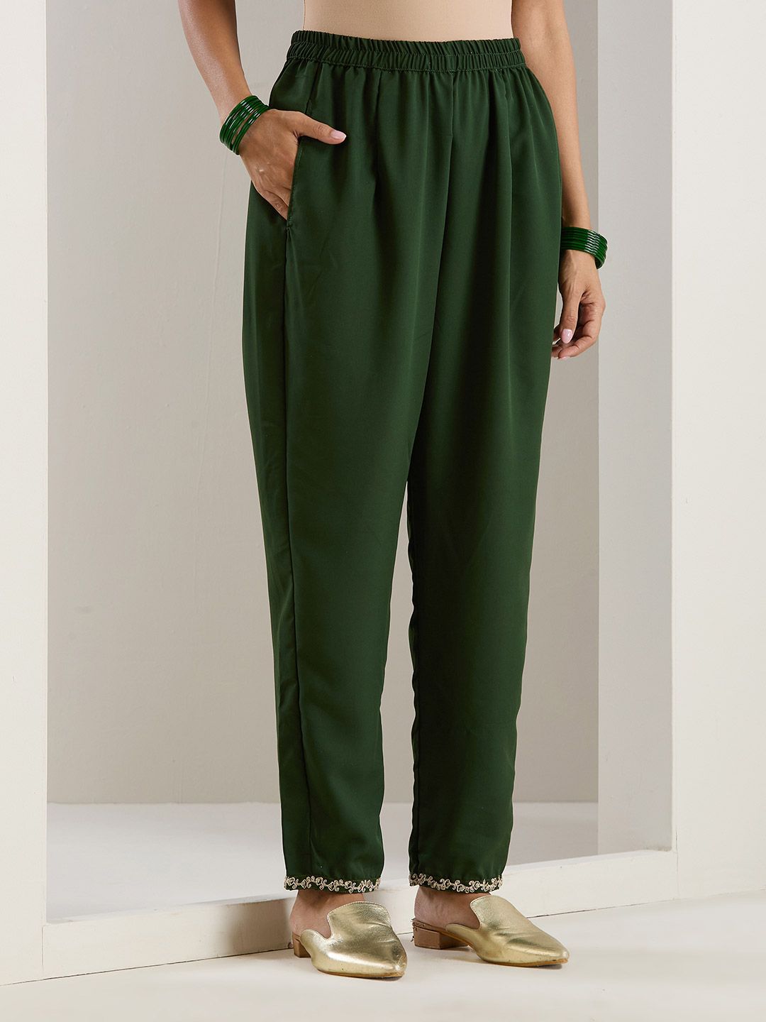 Dhiyona IS Women's Green Ethnic Motifs Embroidered Chinon Straight Kurta With Trousers & Dupatta