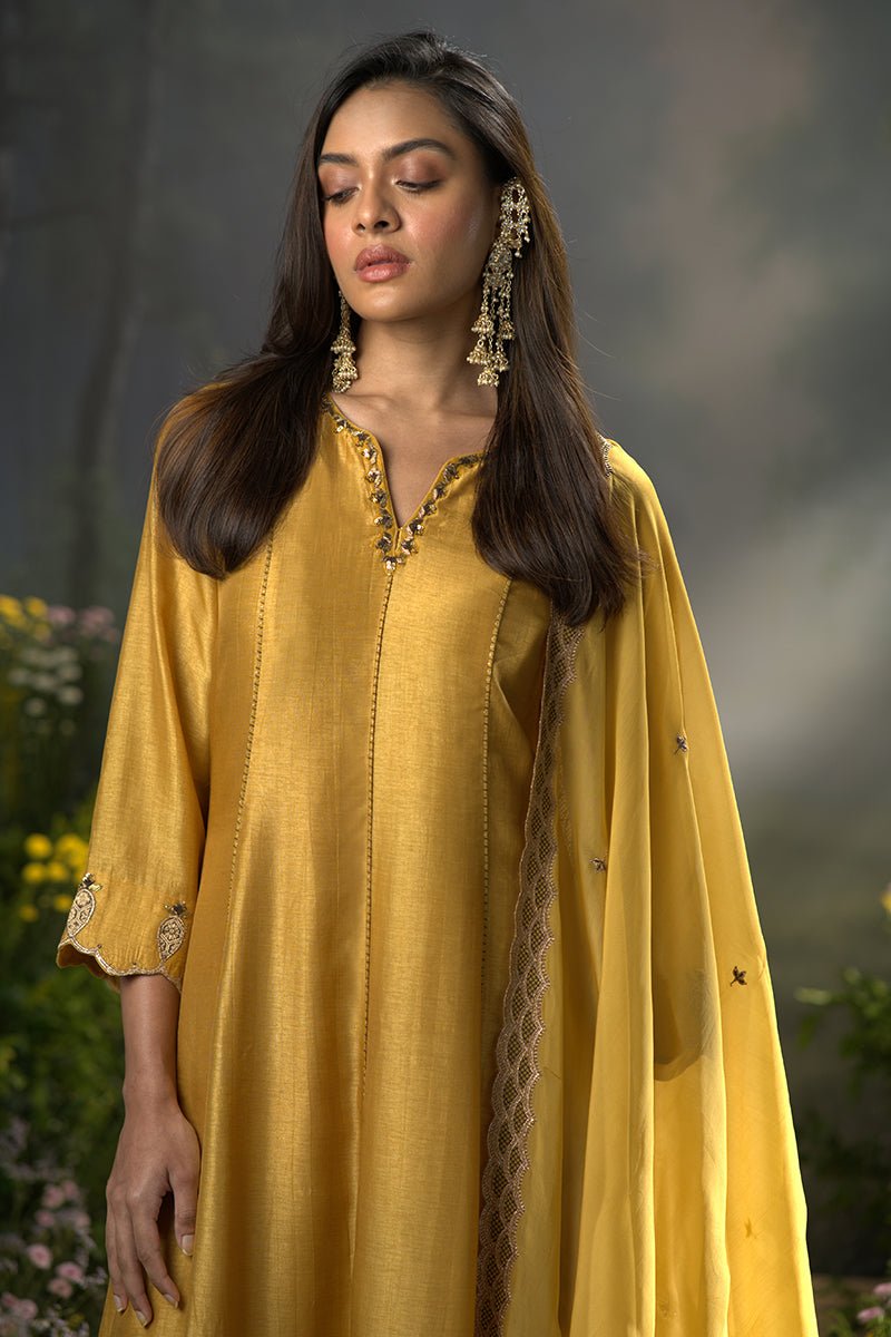 Dhiyona GF honey gold raw silk festive anarkali kurta set