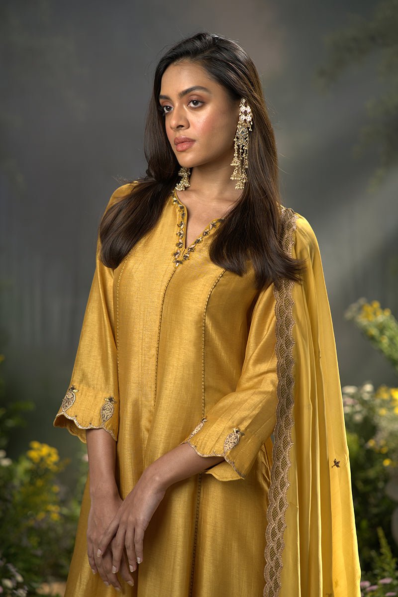 Dhiyona GF honey gold raw silk festive anarkali kurta set