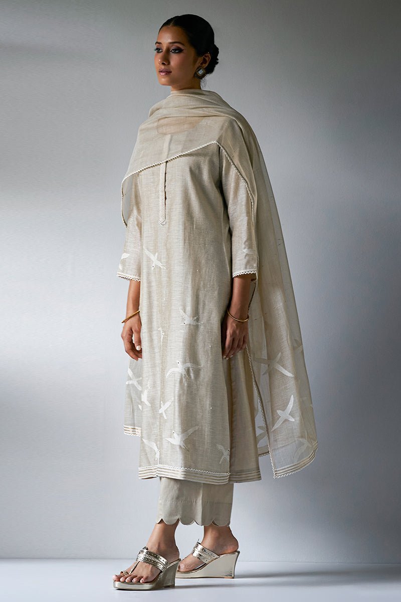 Women's Fog Beige Viscose Chanderi Woven Kurta Suit Set With Embroidery and Hand Work Detailing