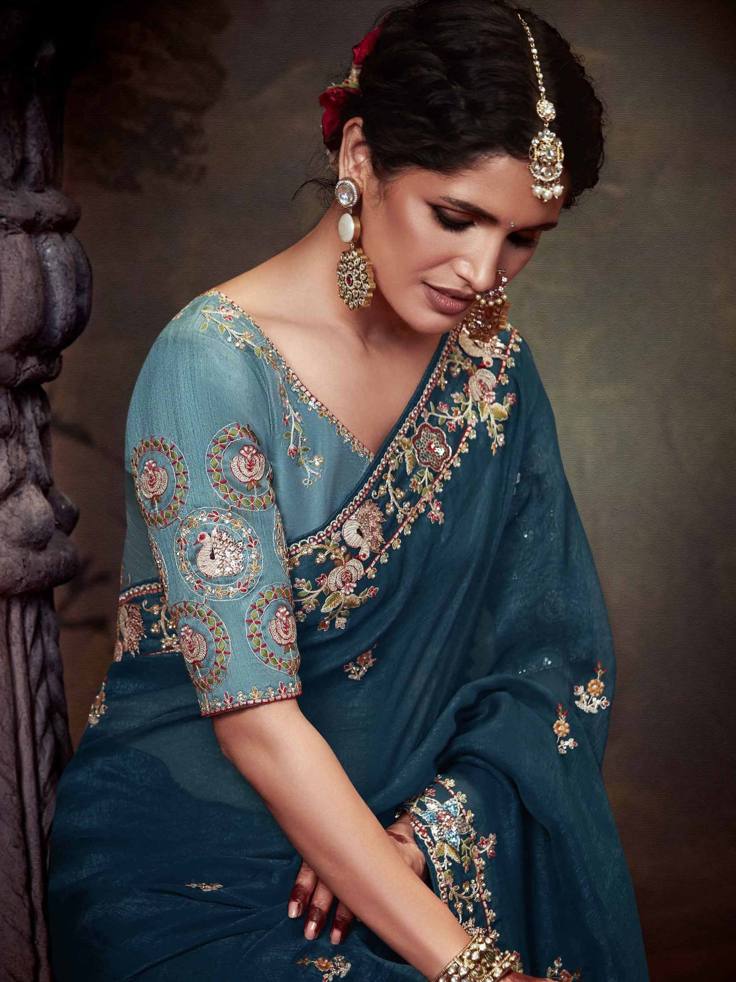 Dhiyona KM Women Teal Blue Designer Organza Silk Saree With Heavy Embroidered Floral Border And Contrast Blouse