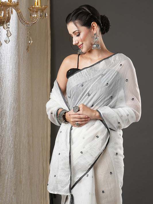 Women's Cotton Silk White Embroidered Designer Saree With Blouse Piece