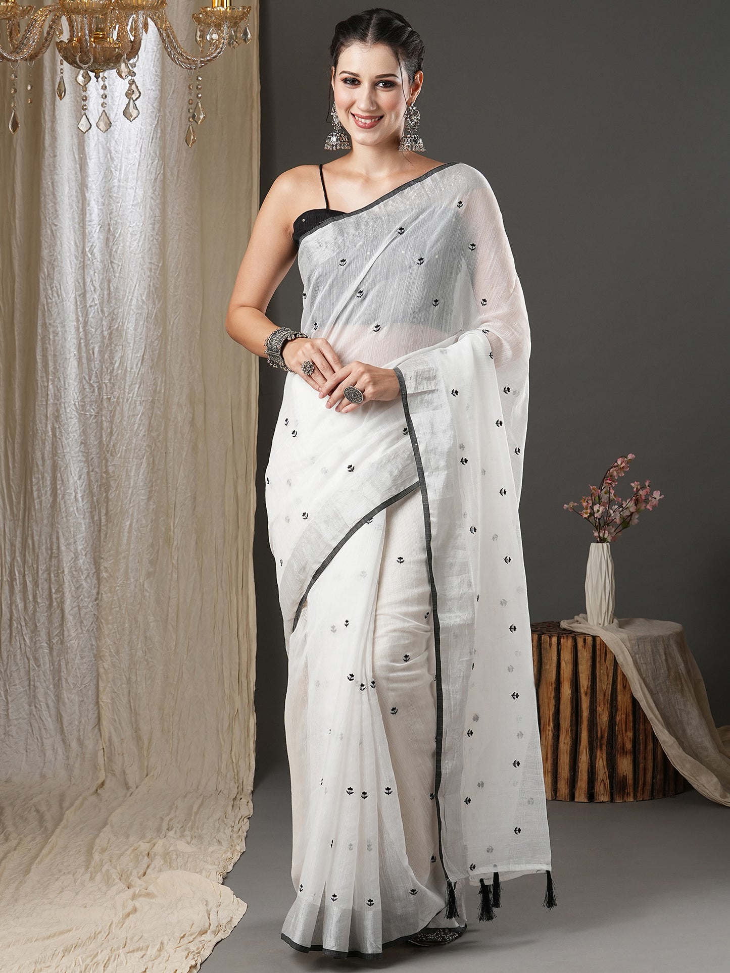 Women's Cotton Silk White Embroidered Designer Saree With Blouse Piece