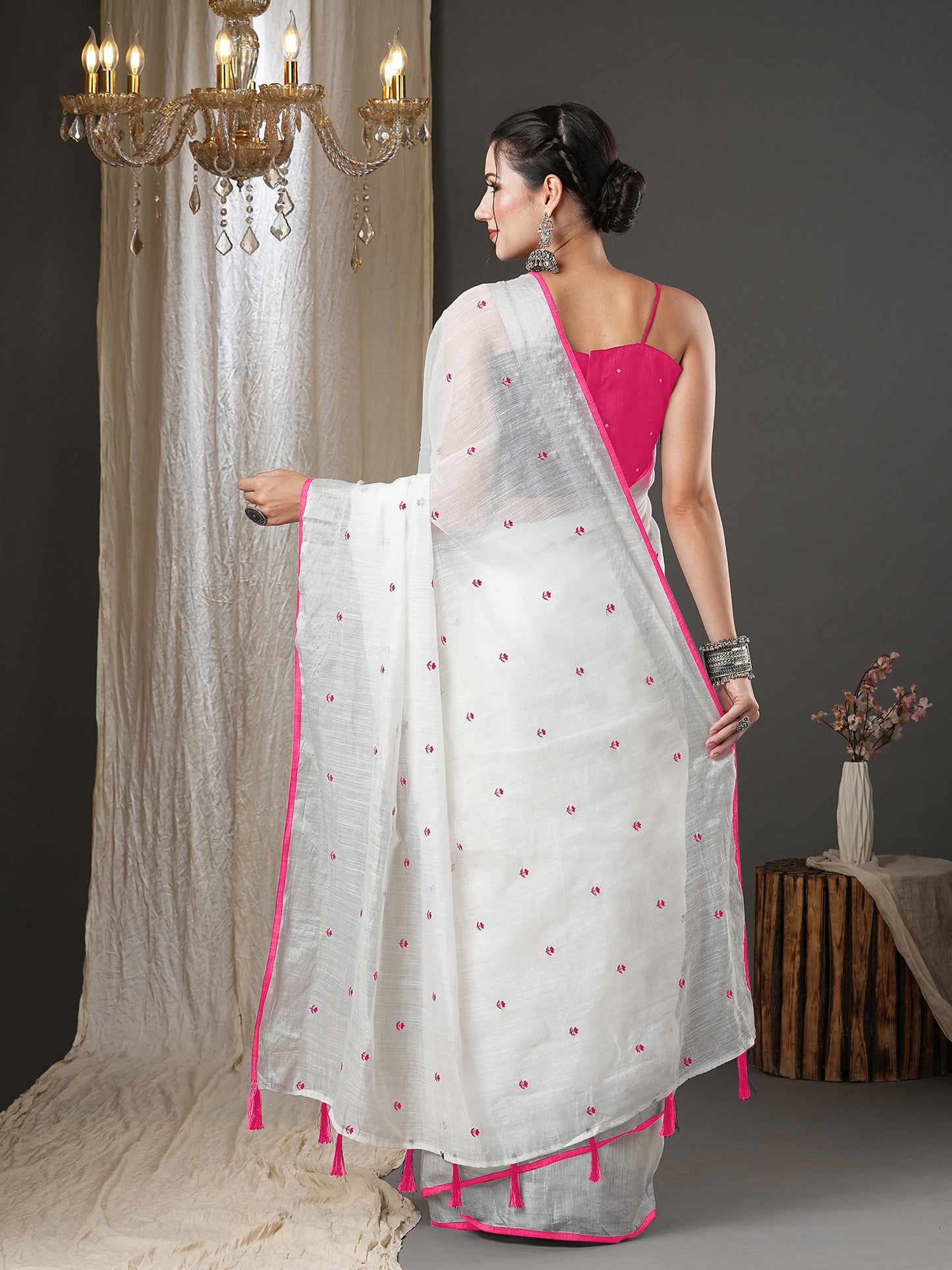 Women's Cotton Silk White Embroidered Designer Saree With Blouse Piece