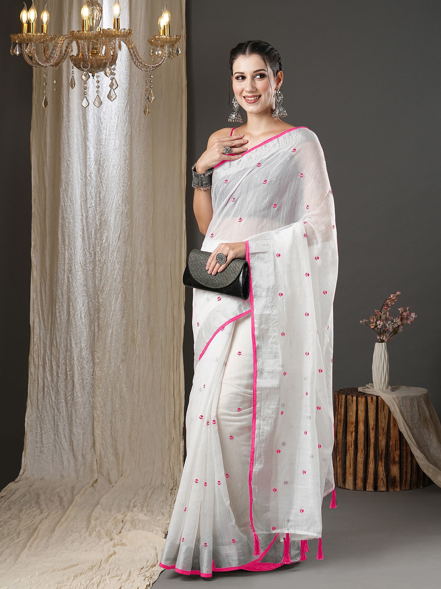 Women's Cotton Silk White Embroidered Designer Saree With Blouse Piece