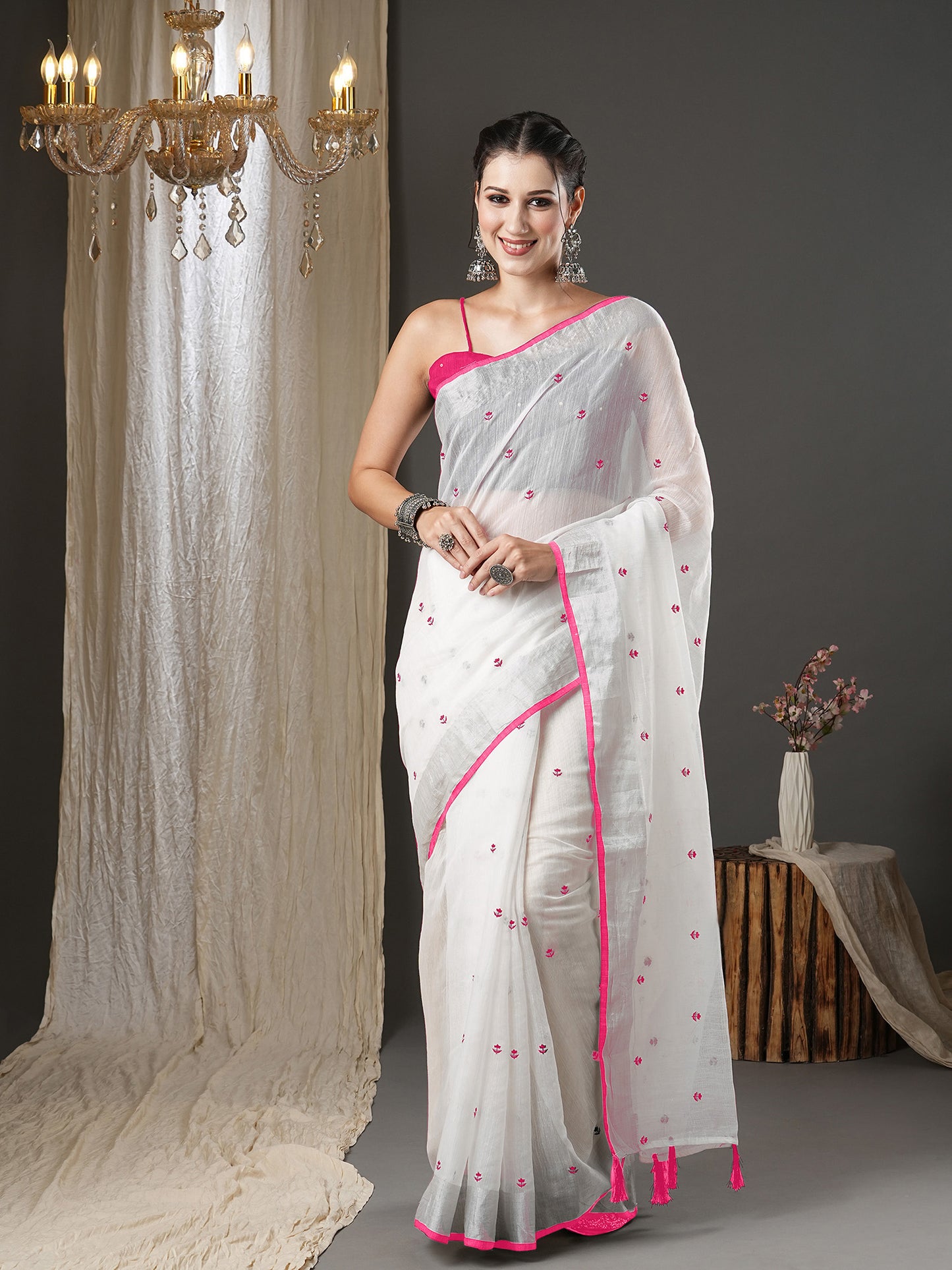 Women's Cotton Silk White Embroidered Designer Saree With Blouse Piece