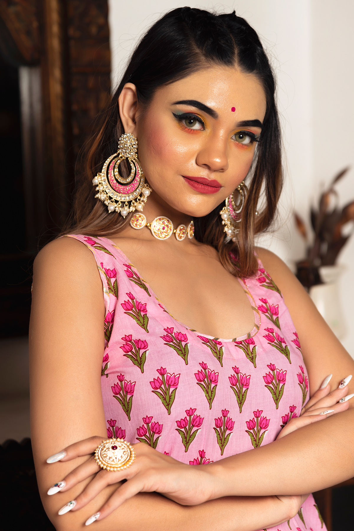 Gulbahar Pink Hand Block Print Suit With Soft Net Lace Work Dupatta Set