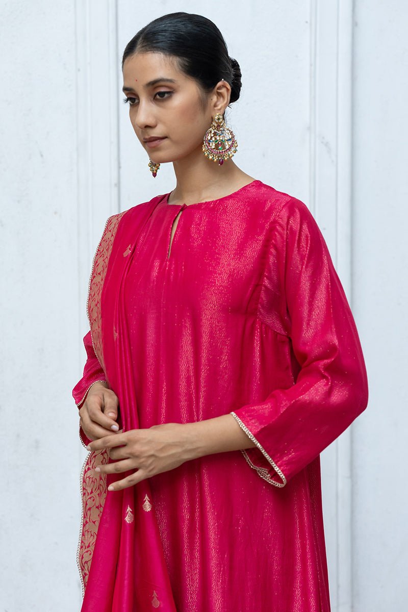 Women's Bright Rose Pink Zari Woven Bemberg Silk Salwar Suit With Zari Woven Monga Silk Jacquard Dupatta