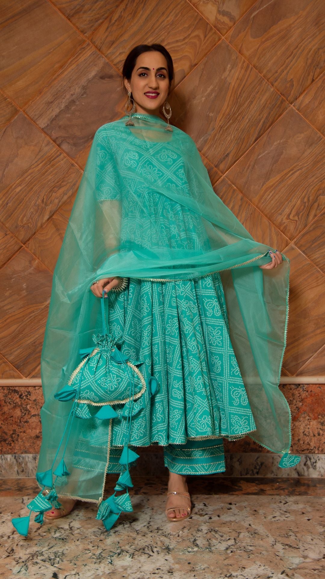 Bandhej Tiffany Blue Cotton Anarkali Set