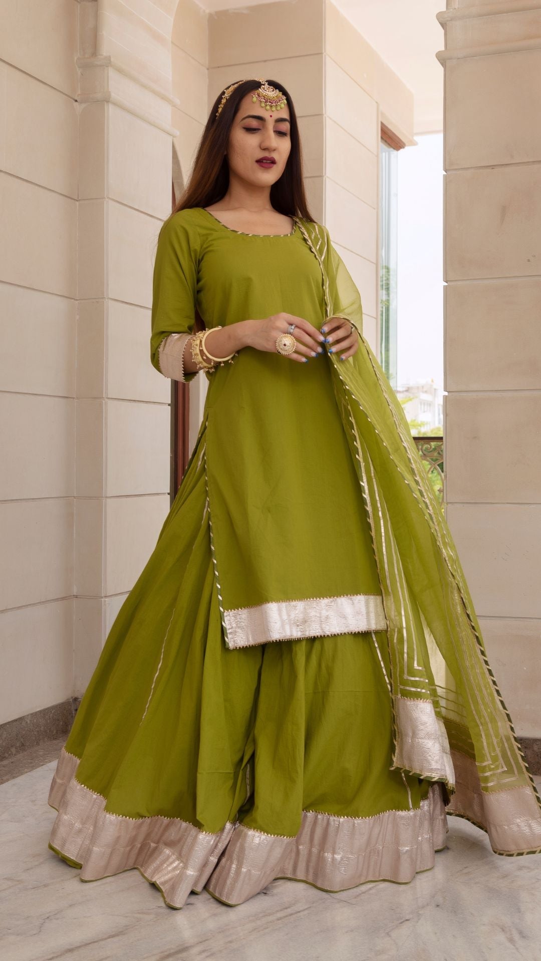 Falguni Green Long Kurta Skirt Set