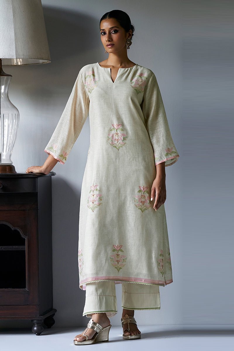 Women's Birch Cream Cotton Linen Woven Kurta Suit Set With Hand Work Detailing