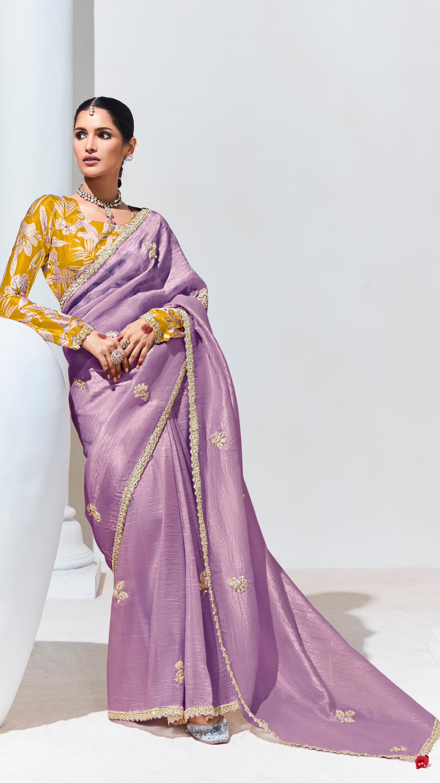 Dhiyona KM Women Purple Pure Tissue Silk Saree With Crushed Texture & Vibrant Yellow Blouse