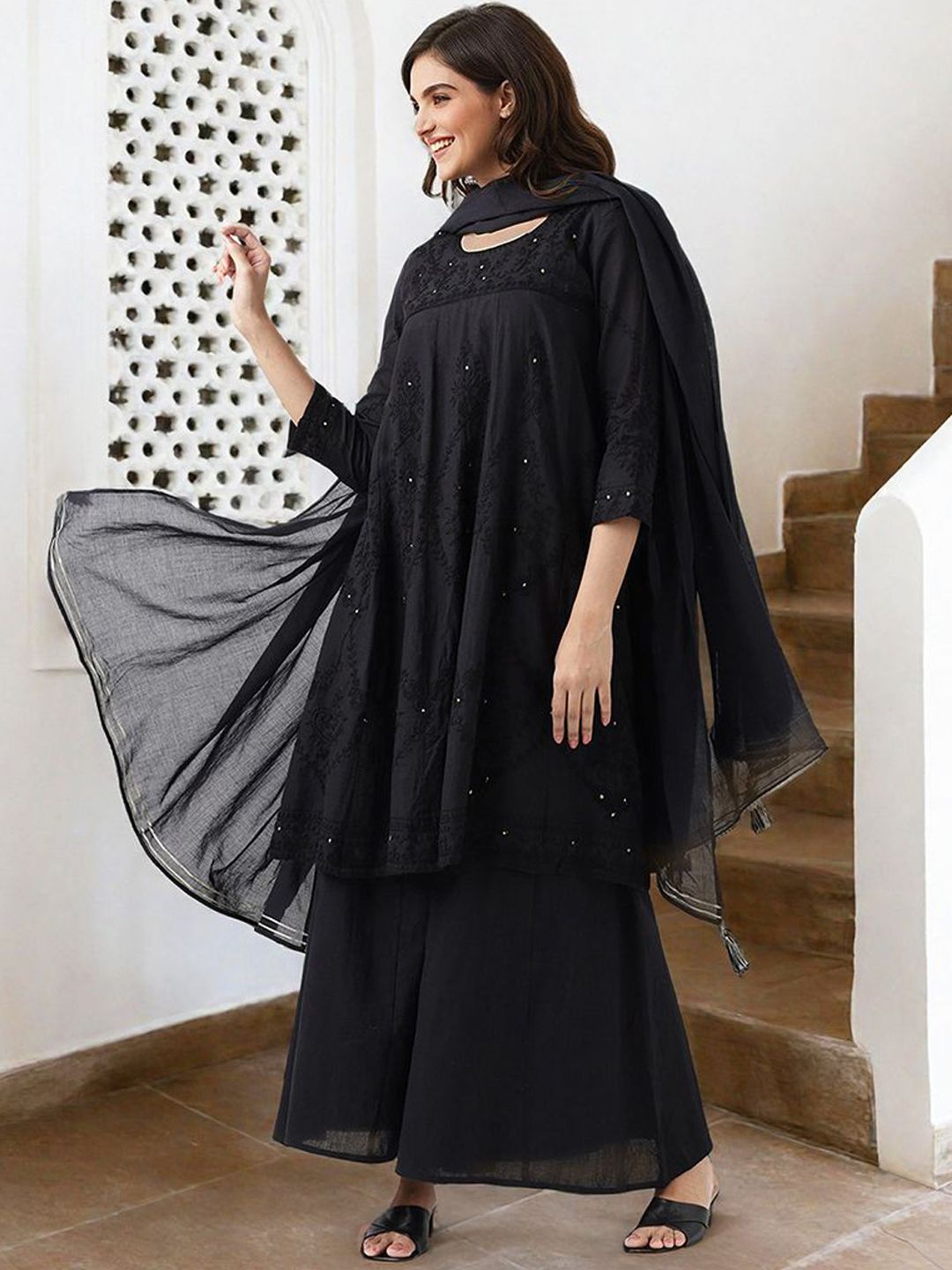 Dhiyona IS Women's Ethnic Motifs Embroidered Pure Cotton A-Line Kurta With Palazzo & Dupatta