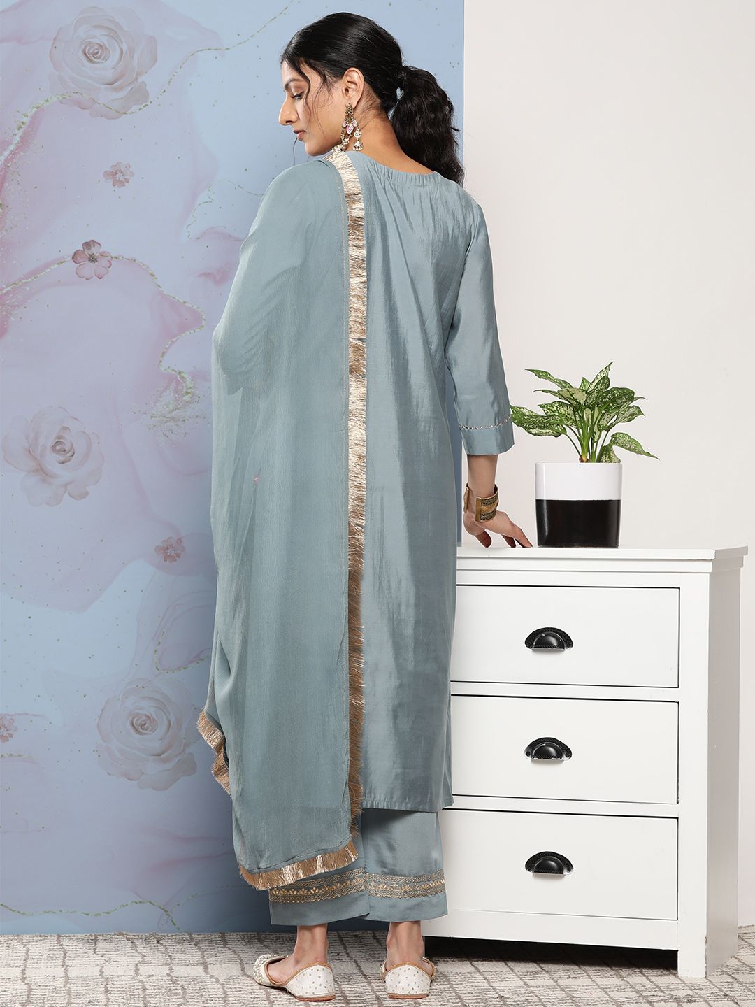 Dhiyona VA Women's Grey Ethnic Motifs Gotta Patti Kurta with Trousers & With Dupatta