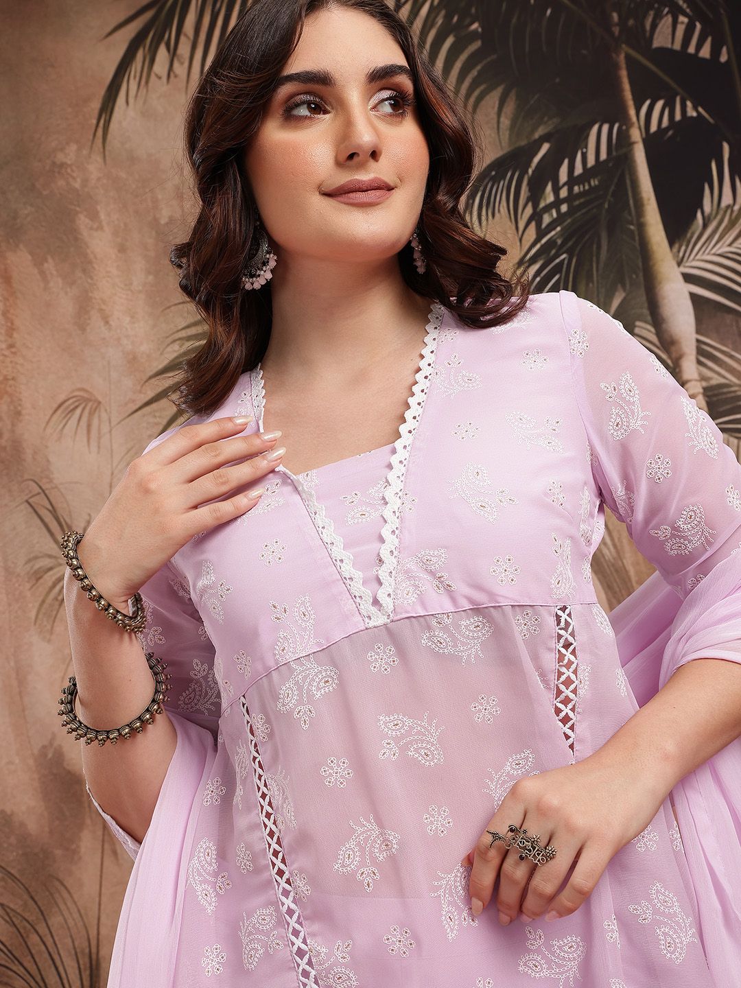 Dhiyona SN Women's Floral Printed Semi Sheer Panelled Kurta with Sharara & Dupatta