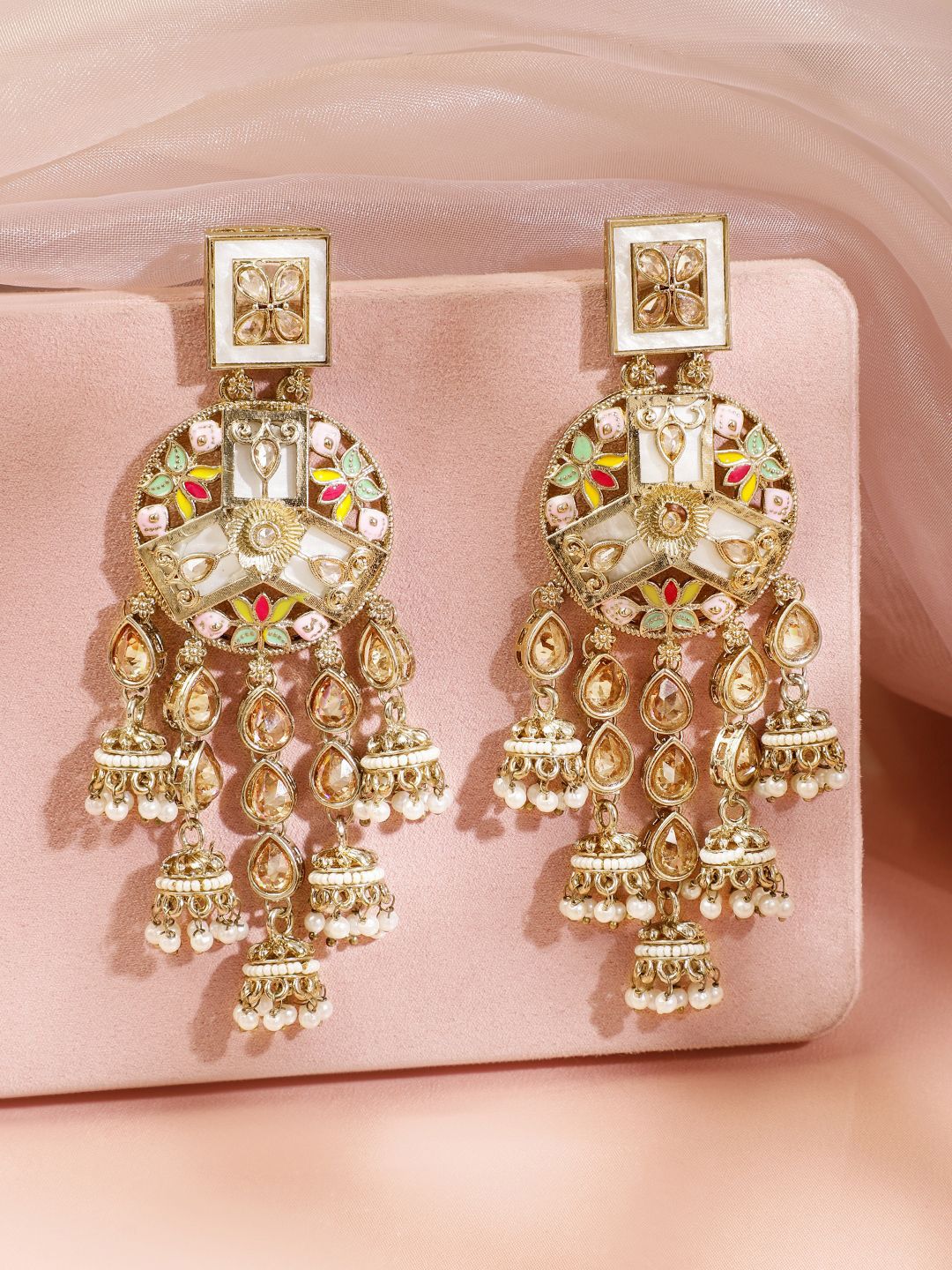 Dhiyona RJ Women's 22K Gold-Plated Multicolour Enamel & Kundan Studded Long Jhumka Dangler Earrings