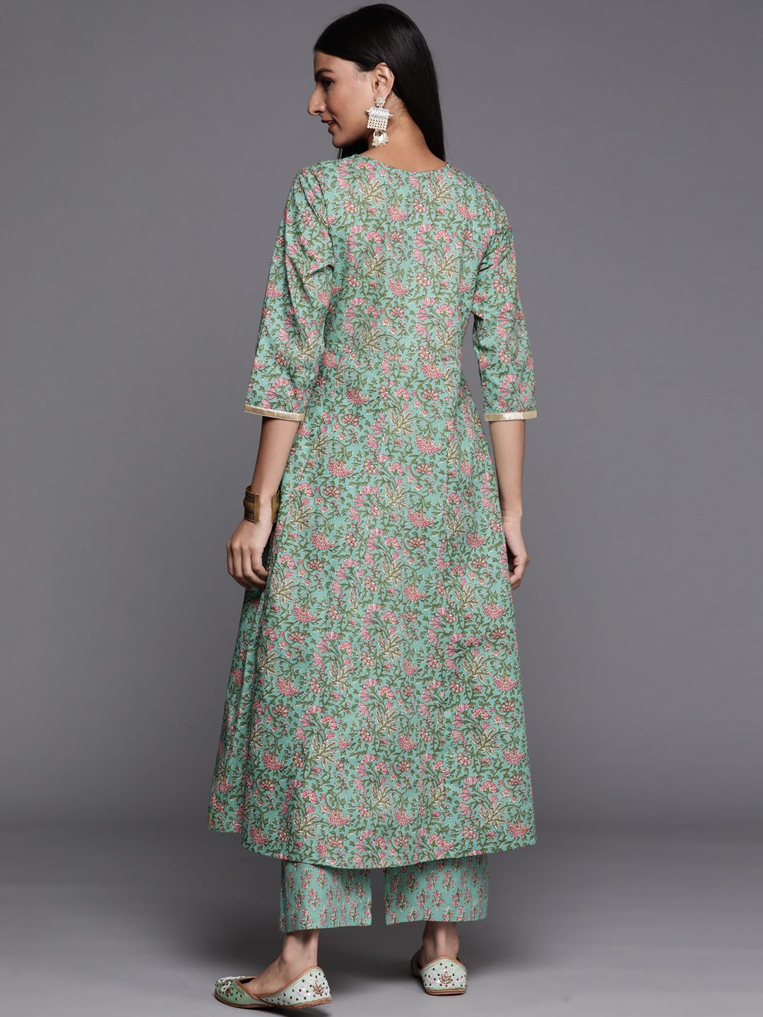 Dhiyona VA Women's Sea Green Floral Printed Angrakha Pure Cotton Kurta with Palazzos