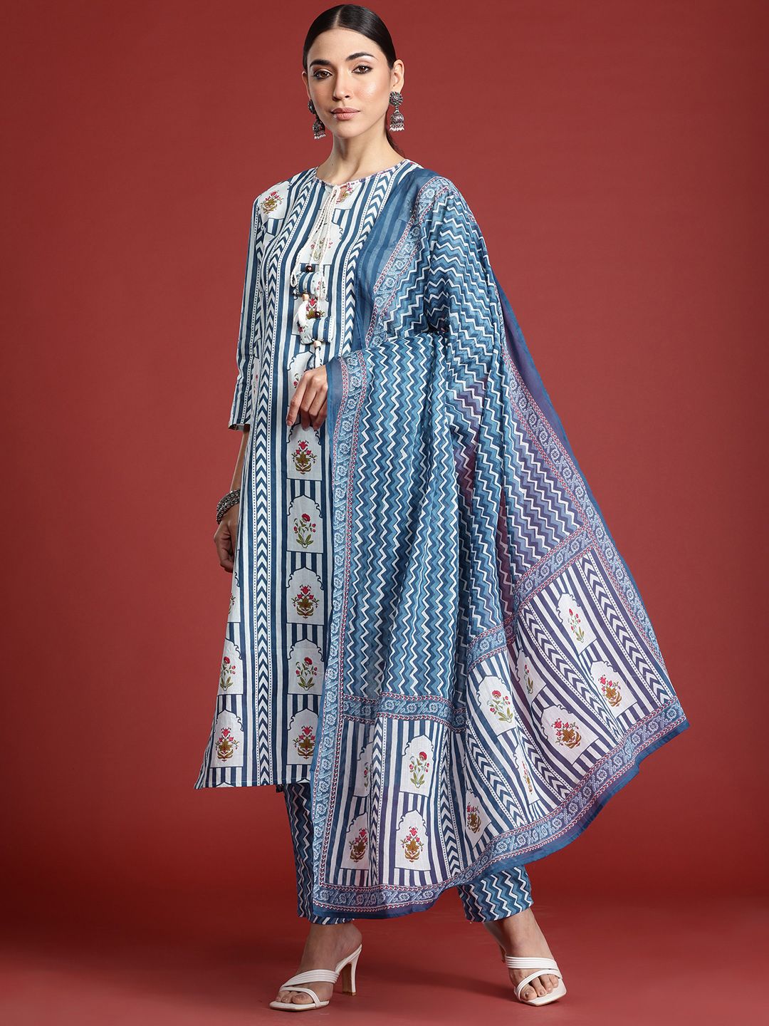 Dhiyona IE Ethnic Motifs Printed Sequinned Pure Cotton Kurta with Trousers & With Dupatta
