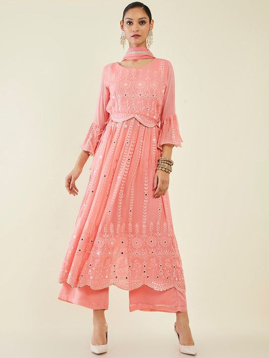 Dhiyona SO Women's Floral Embroidered Mirror Work Kurta With Palazzos & Dupatta