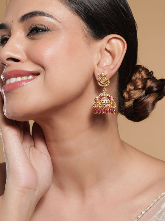 Dhiyona RJ Women's 18K Gold-Plated Ruby Stone & Beaded Divine Ganesha Temple Jhumka Earrings