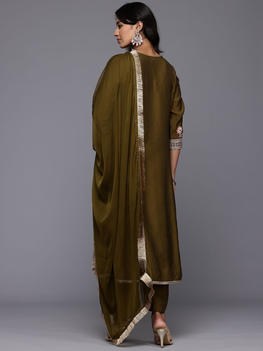 Dhiyona VA Women'sFloral Embroidered Zari Panelled Kurta With Palazzos & Dupatta