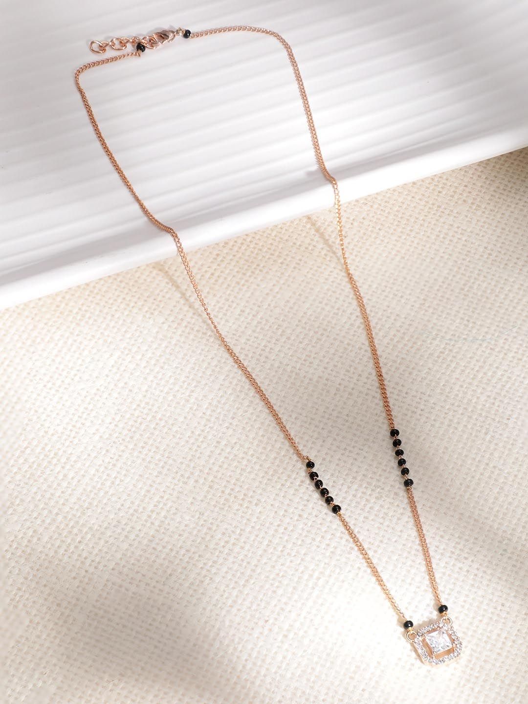 Dhiyona RJ Women's 18k Rose Gold Plated AD & CZ Studded Mangalsutra Necklace with Black Beads