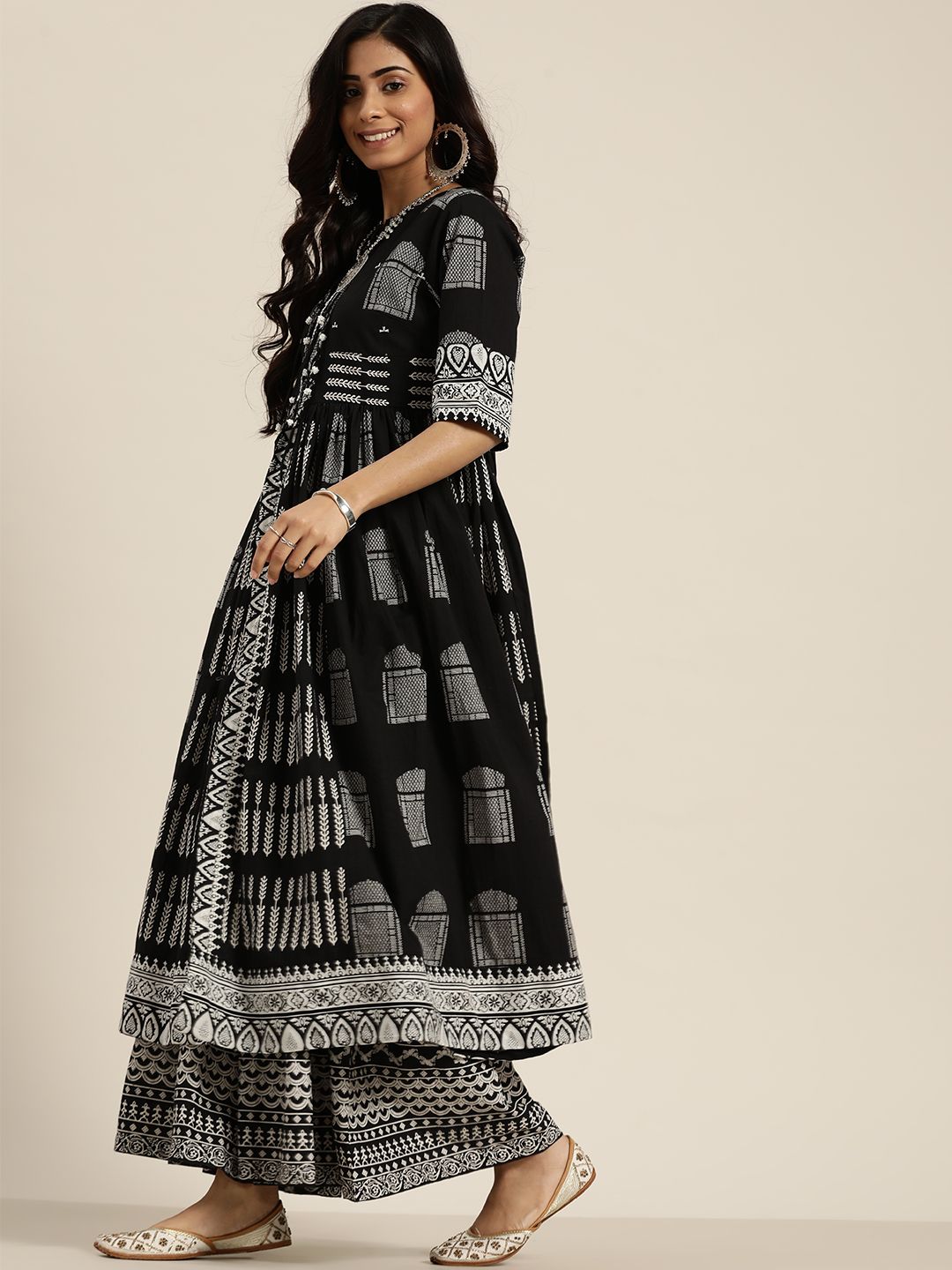 Dhiyona SN Women's Black & White Ethnic Motifs Printed Pure Cotton Kurta with Sharara
