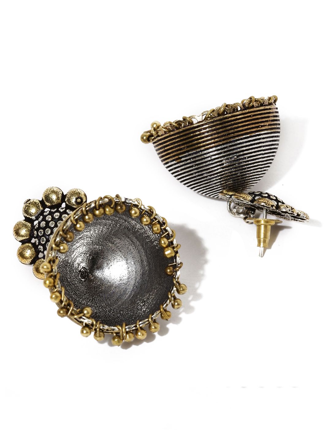 Dhiyona RJ Women's Oxidised Antique Silver & Gold Toned Flower Detailed Dome Shaped Jhumka Earrings