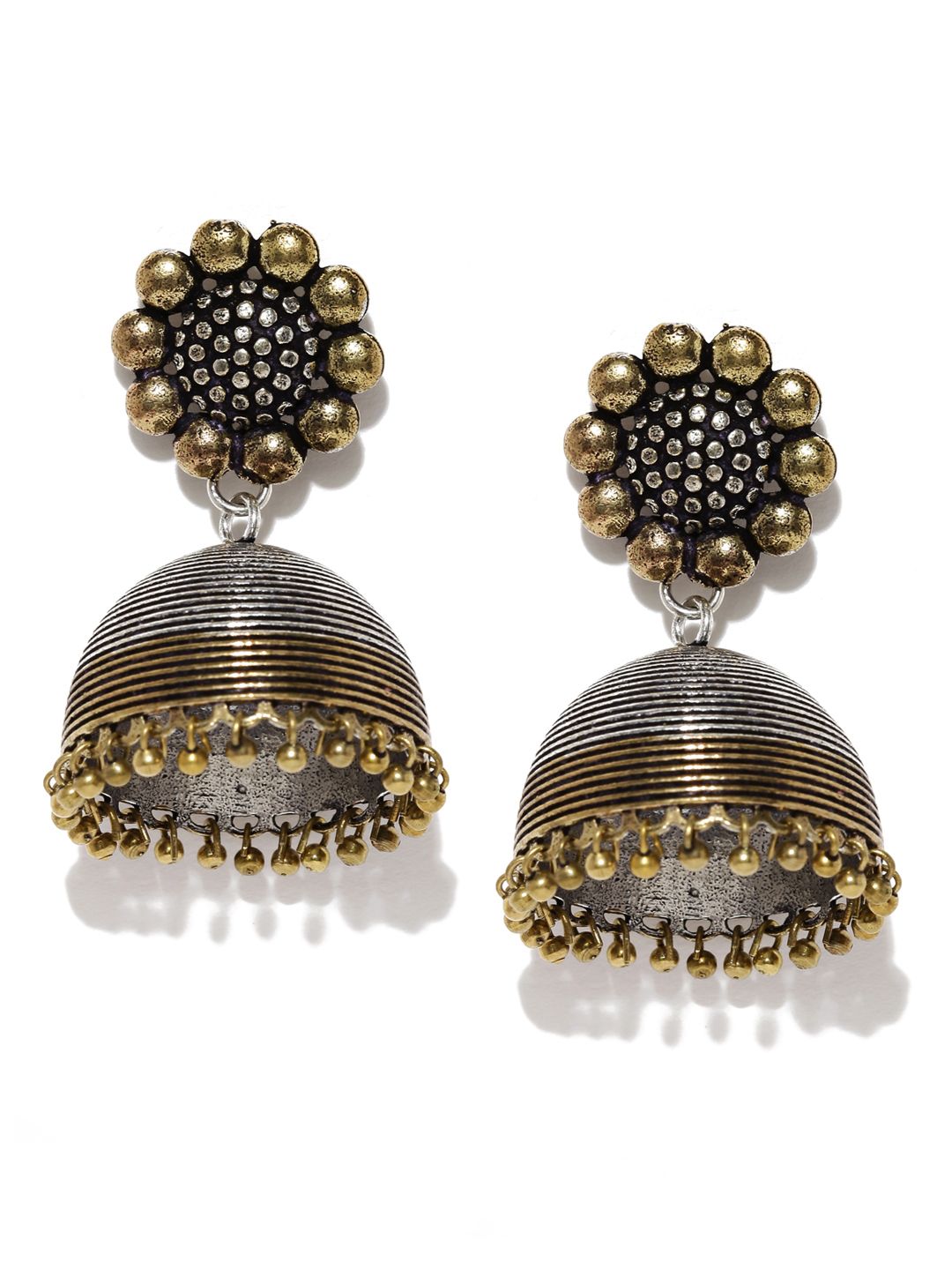 Dhiyona RJ Women's Oxidised Antique Silver & Gold Toned Flower Detailed Dome Shaped Jhumka Earrings