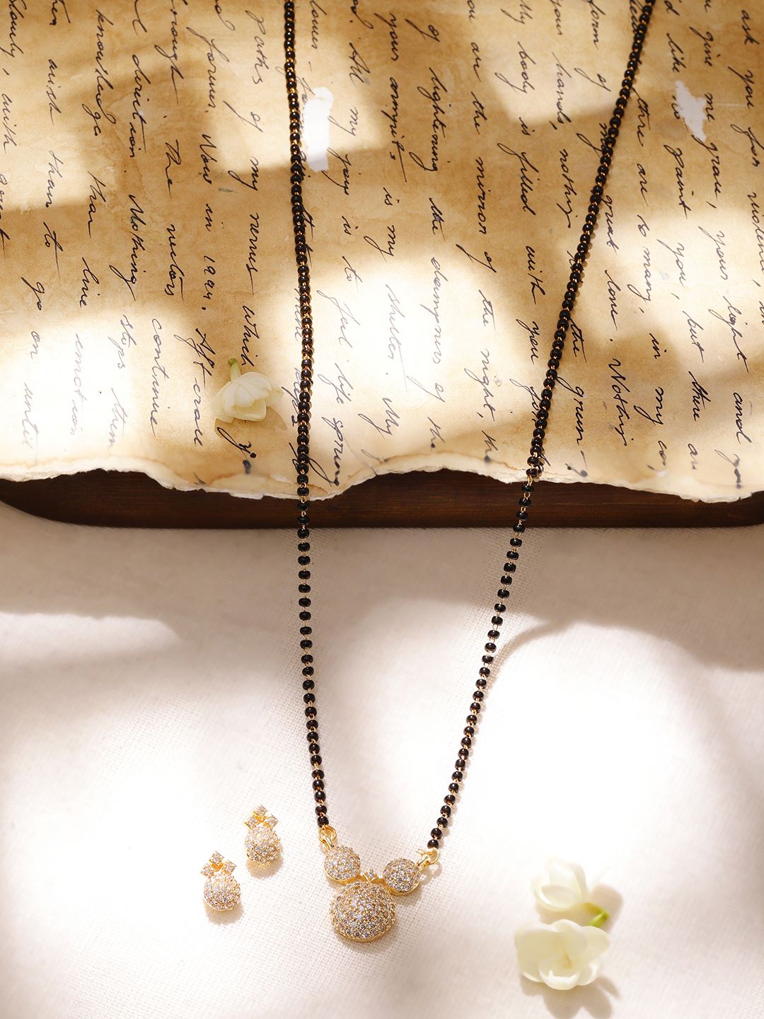 Dhiyona RJ Women's 18k Gold-Plated Mangalsutra with Cubic Zirconia Studded Round Pendant & Earrings