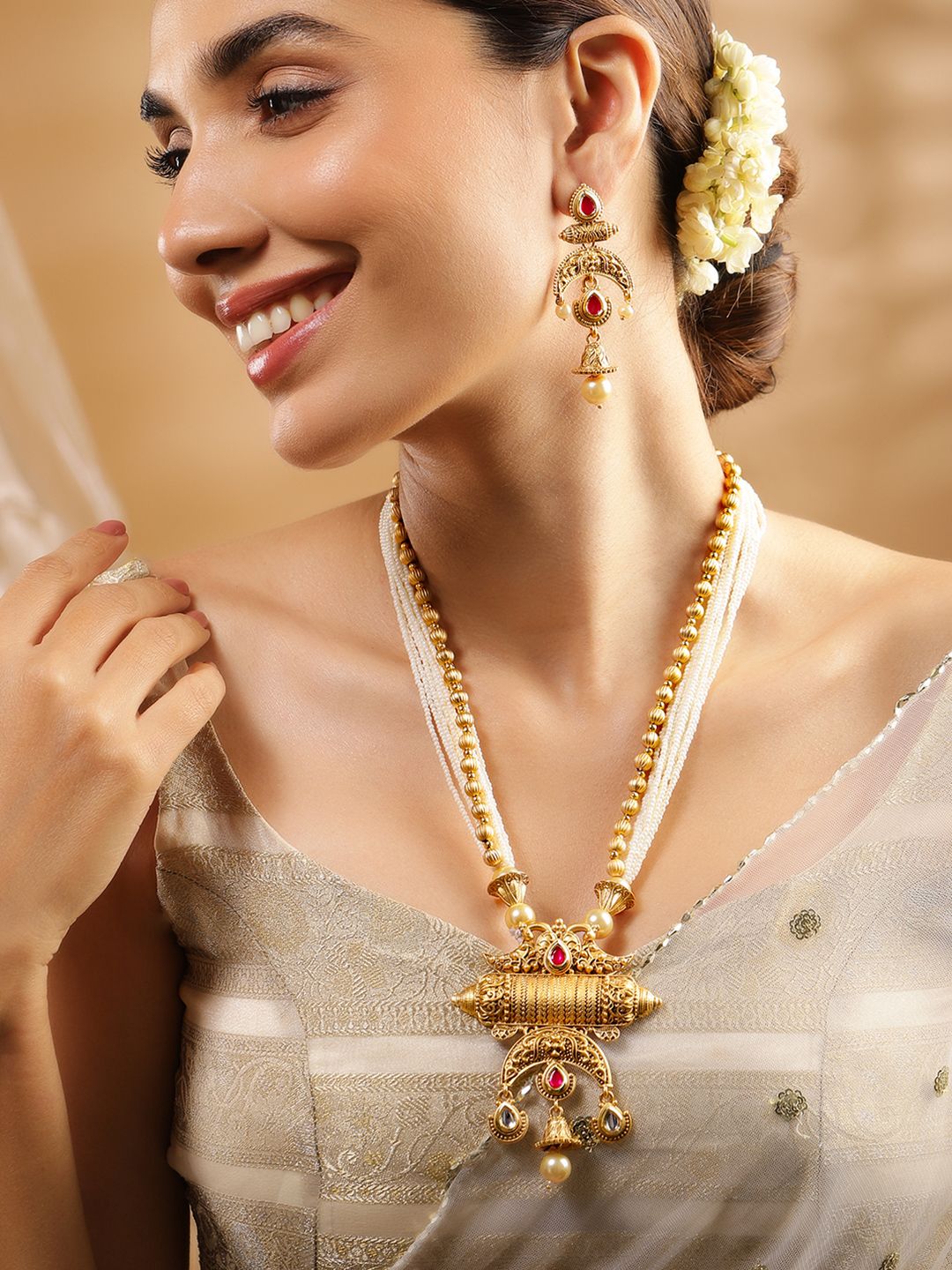 Dhiyona RJ Women's 18K Gold-Plated Red & White Stones Faux Pearl Multistarnd Temple Jewellery Set