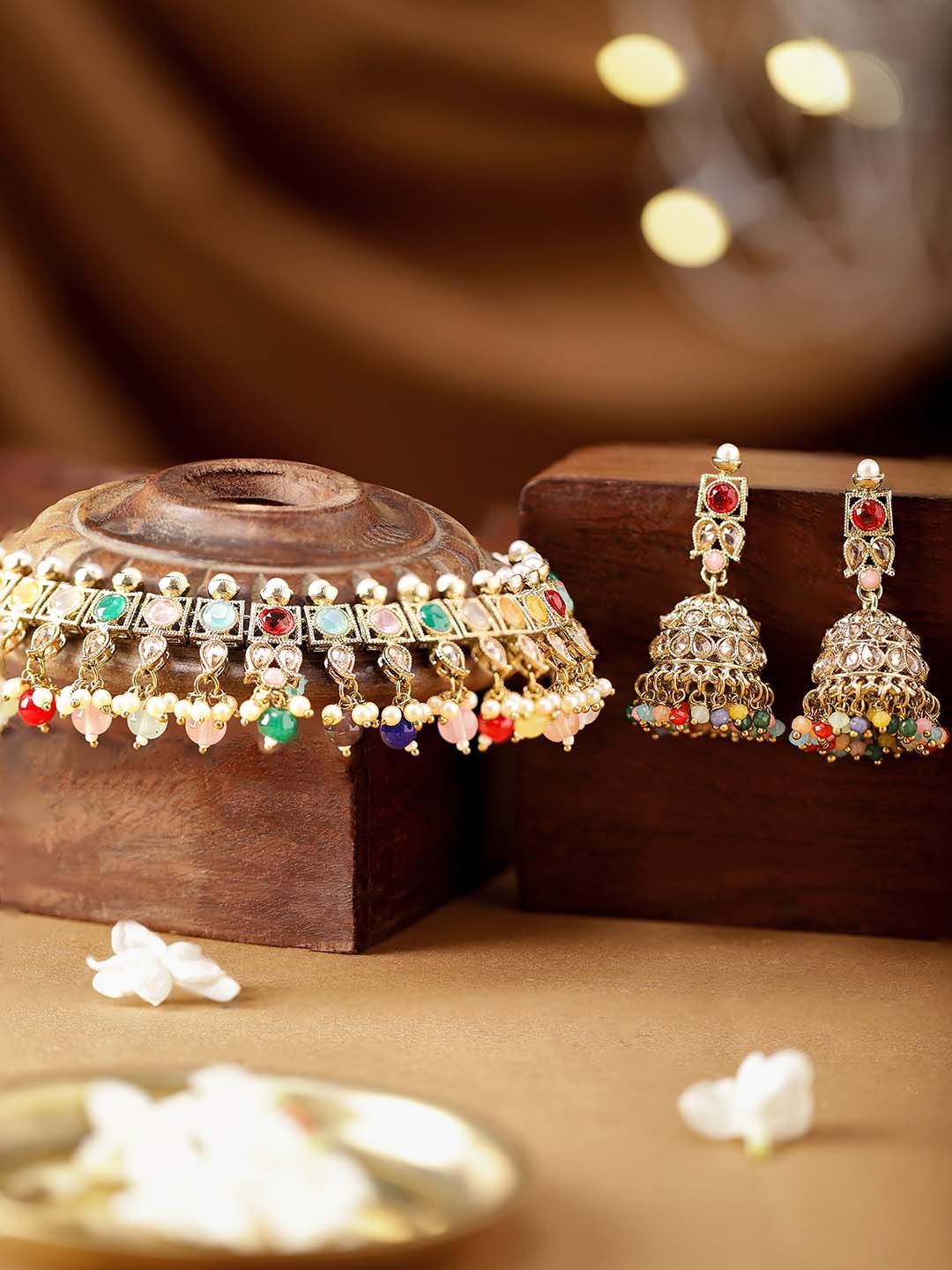 Dhiyona RJ Women's Gold-Plated Multi Color CZ Studded pearl beaded Handcrafted Jewellery Set