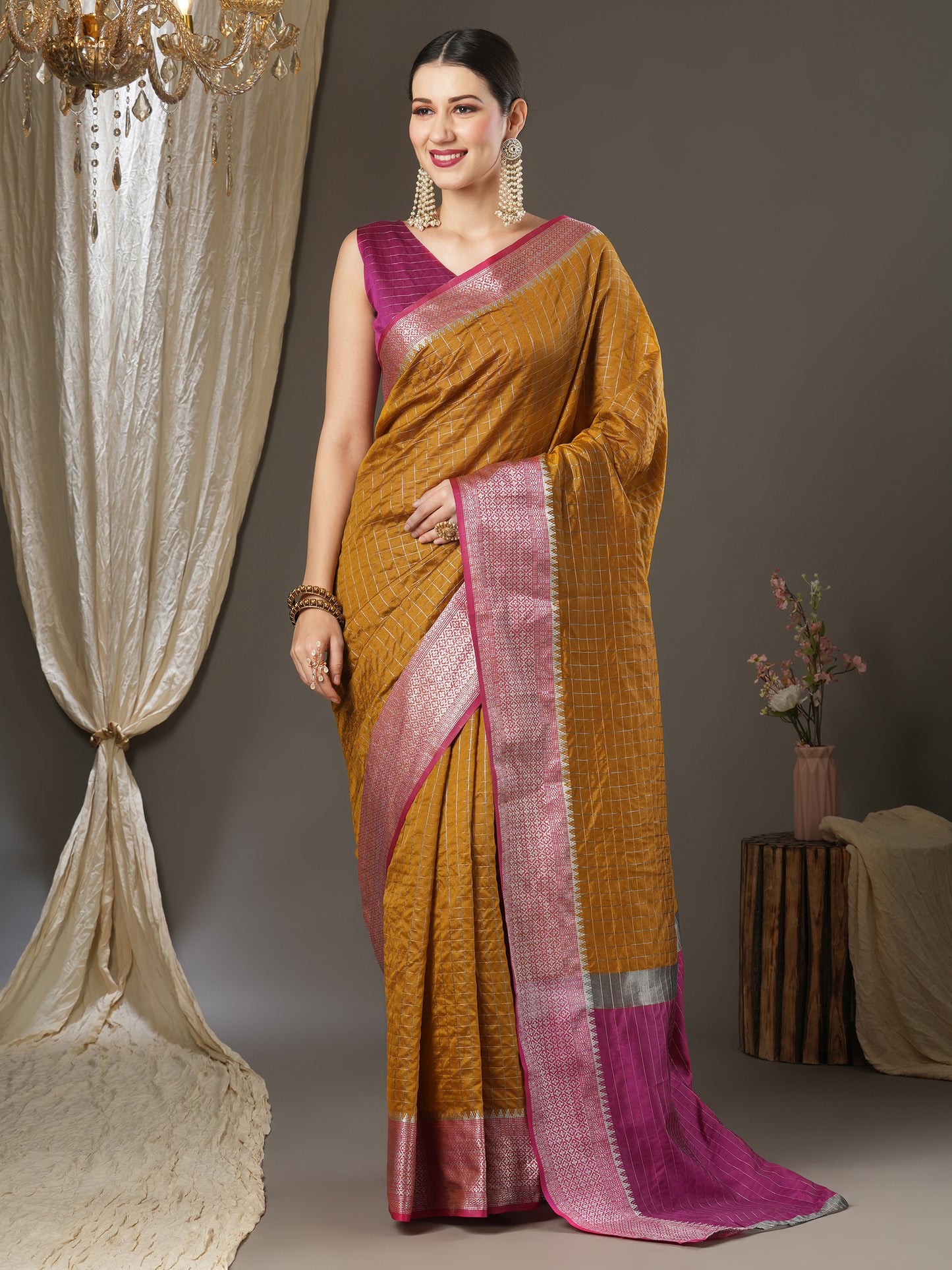 Women's Aura Silk Mustard Woven Design Designer Saree With Blouse Piece