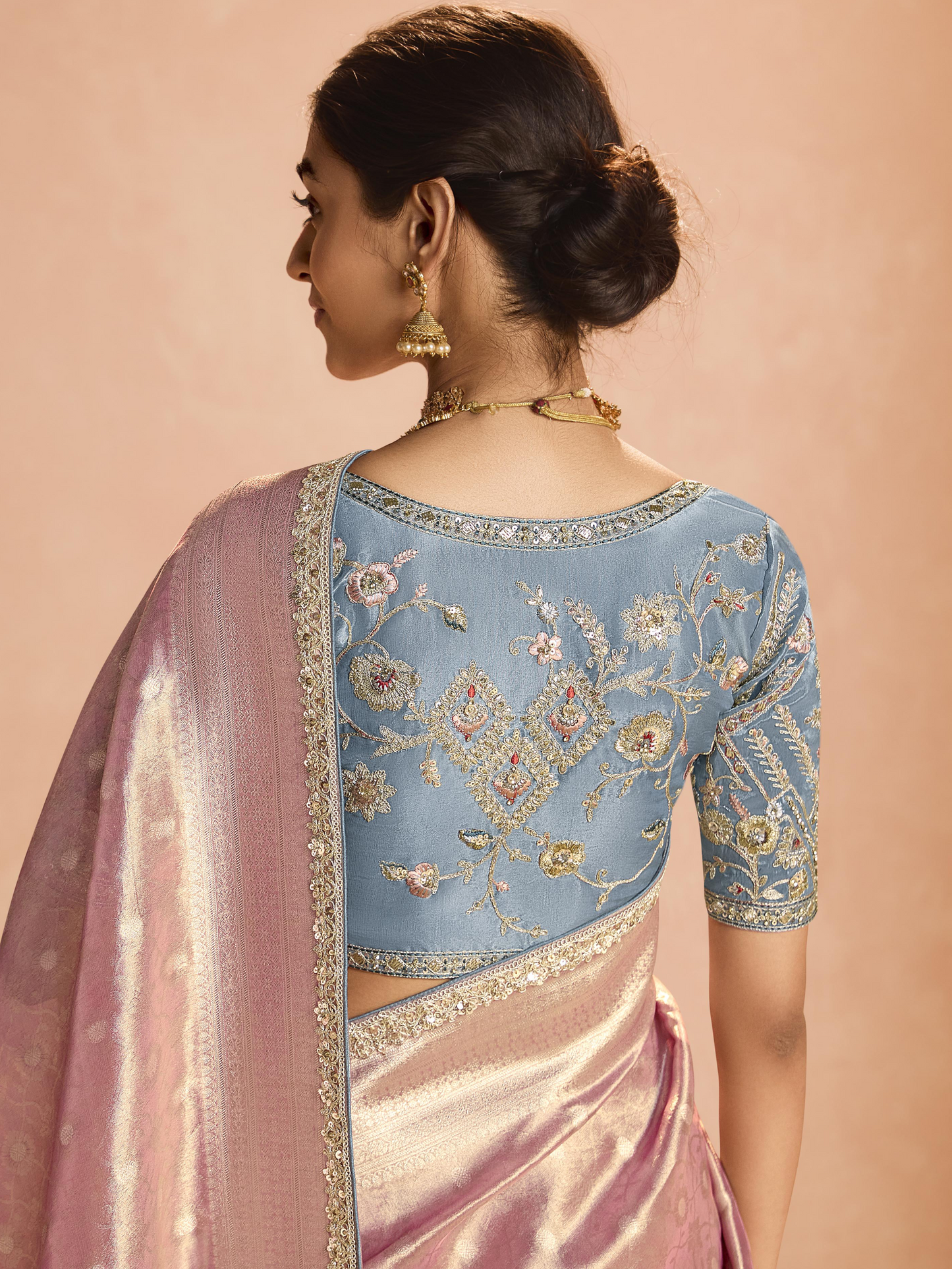 Dhiyona KM Women Blush Pink Kanjivaram Silk Saree With Elegant Blue Embroidered Blouse “ Subtle Glamour