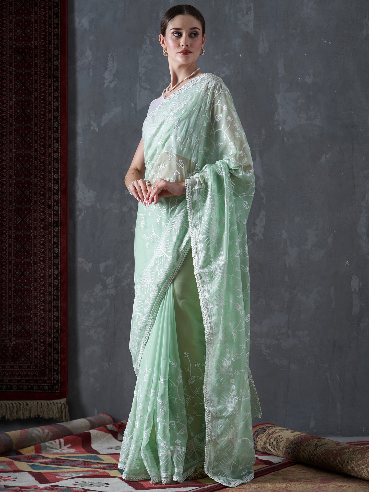 Women's Organza Sea Green Embellished Designer Saree With Blouse Piece