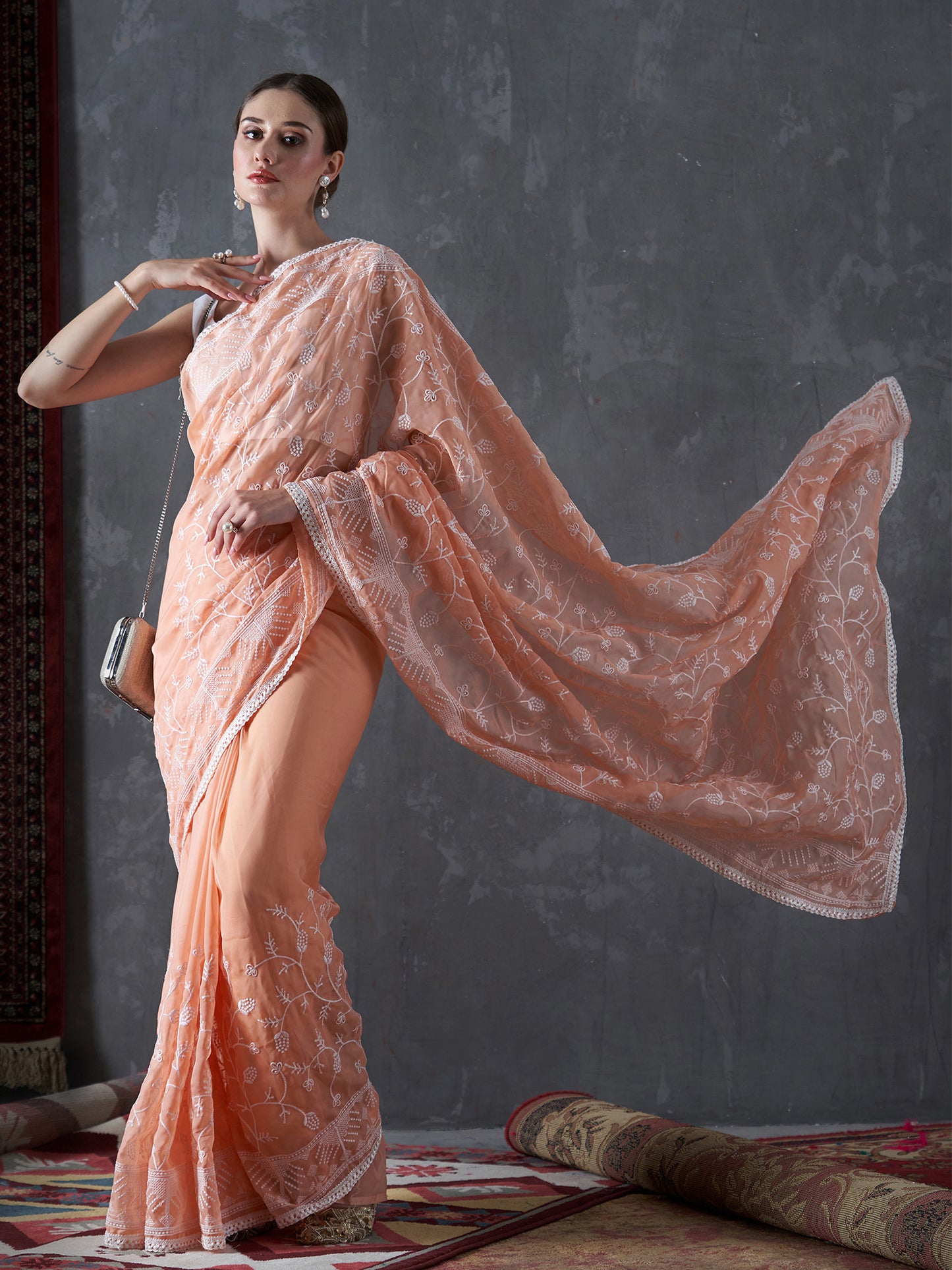 Women's Organza Peach Embellished Designer Saree With Blouse Piece