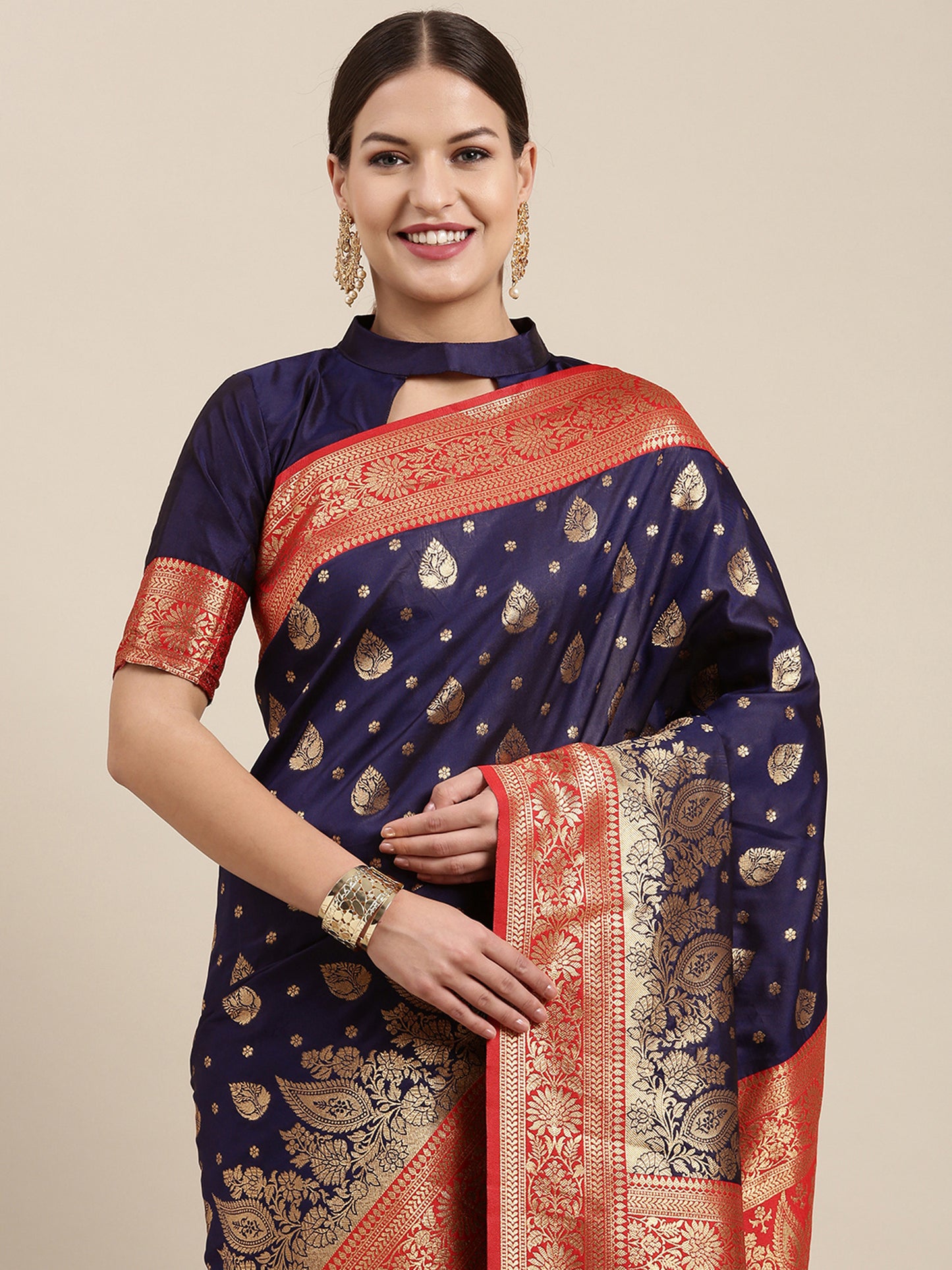Women's Kanjeevaram Silk Navy Blue Woven Design Designer Saree With Blouse Piece
