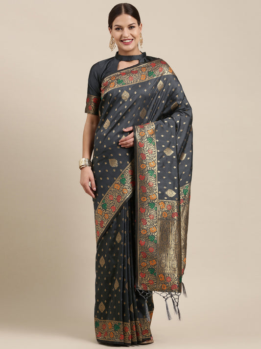 Women's Kanjeevaram Silk Grey Woven Design Designer Saree With Blouse Piece