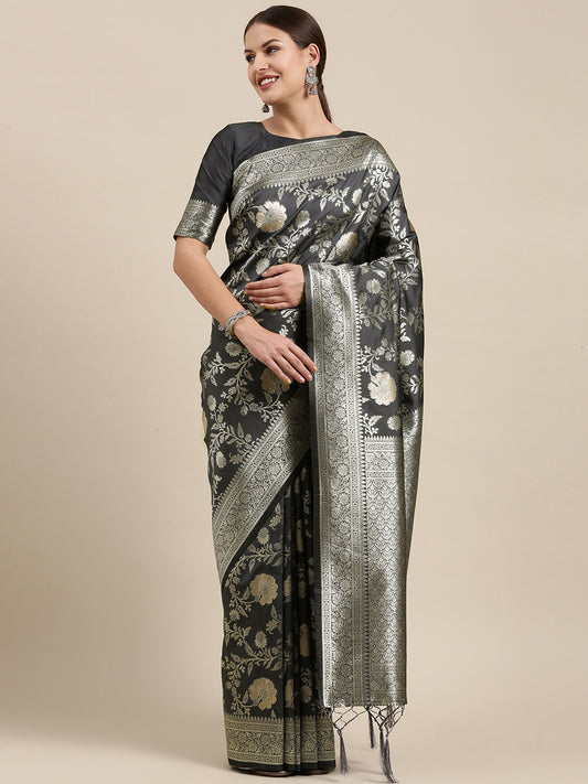 Women's Kanjeevaram Silk Grey Woven Design Designer Saree With Blouse Piece
