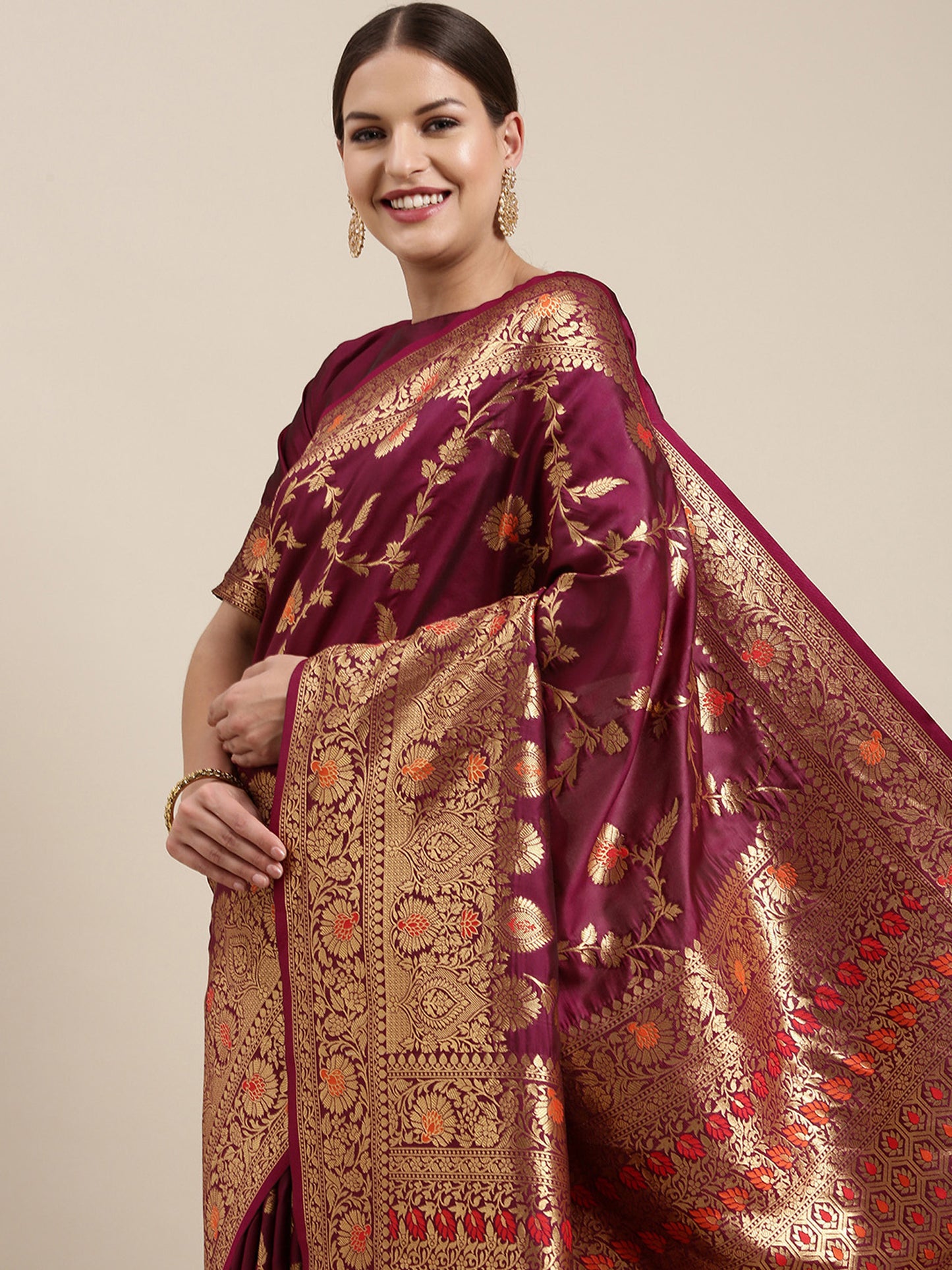 Women's Kanjeevaram Silk Purple Woven Design Designer Saree With Blouse Piece