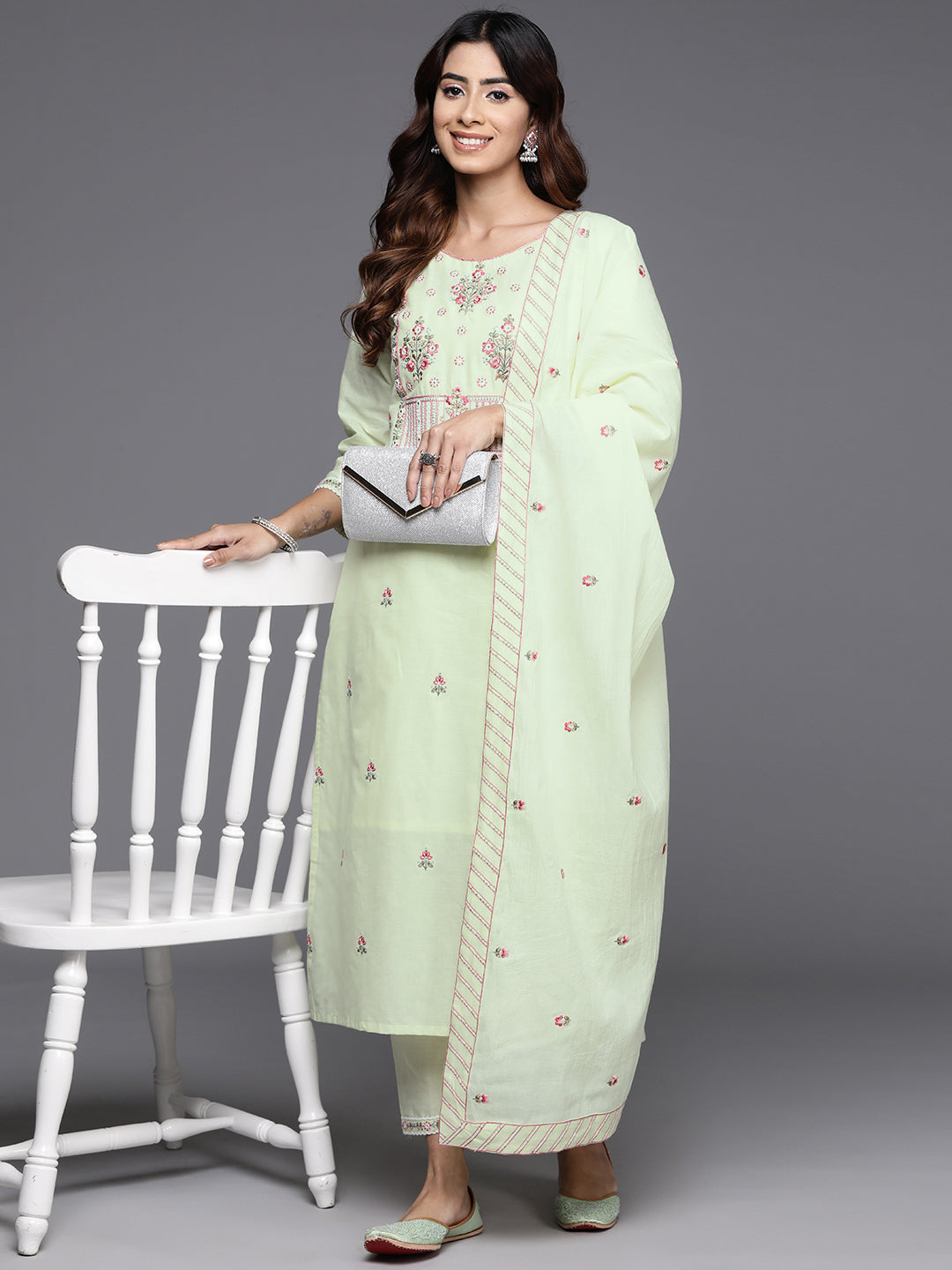 Dhiyona VR Women's Green Thread And Sequins Embroidered Kurta With Tonal Bottom And Dupatta